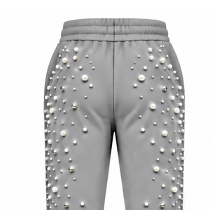 Silver Gray Pearl Beaded <b>Jogger</b> Pants <b>Women</b> Fashion Embellished Drawstring Sweatpants Luxury Casual Streetwear <b>Fleece</b> Trousers - Product Image 4