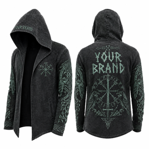 Wholesale Your Brand Gothic Men's Printed Viking Design Over-sized Vintage 100% Cotton Pullover Detressed Hoodie - Product Image 1