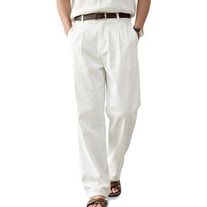 Pantalon d'été décontracté pour homme en lin tissé léger, taille mi-haute, uni, à braguette boutonnée, coupe ample, plissé, pour la plage et les sorties BD - Product Image 4