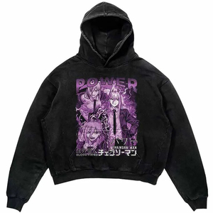 เสื้อฮู้ด Up FeltCustom Acid Wash ลายอนิเมะ Chainsaw Man คุณภาพสูง สไตล์สตรีทแวร์สำหรับผู้ชาย ทรงบ็อกซี่ พร้อมปลายแขนแบบริบ - Product Image 4