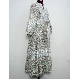 Nouvelle Robe Décontractée Femme Grande Taille à Manches Bouffantes Imprimée au Bloc, Col en V, Coupe Trapèze, Boutonnée, Longueur Cheville, Taille Naturelle - Product Image 5