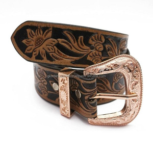 Cinturón de cuero occidental con estampado en relieve pesado, cinturón de vaquero genuino con diseño floral antiguo, conjunto de hebilla occidental - Product Image 1