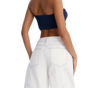 <b>Womens</b> <b>White</b> Wide Leg <b>Jeans</b> Mid Waist Casual Regular Fit Denim Pants Breathable 100% Cotton Contrast Stitching Button Front Full - Product Image 4