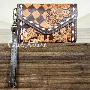 Best Selling 2026 Tooled Leather Wallet for Women Checkered Cowgirl <b>Wristlet</b> Wallet Clutch Purse RFID Card Holder Organizer Gift - Product Image 1