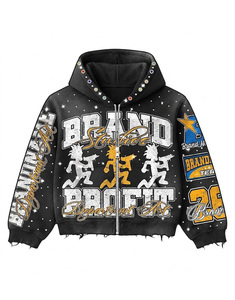 Custom Rhinestone Applique Embroidered <b>Lightweight</b> Fashion 500G Regular Washed Distressed Men Drawstring Four-Way Stretch <b>Hoodie</b> - Product Image 3