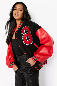 Chaqueta bomber universitaria personalizada de alta calidad en negro/rojo para mujer, chaqueta de béisbol para mujer - Product Image 3
