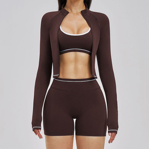 Premium Women's <b>Seamless</b> Yoga Set 3 Piece Nylon Spandex Fitness Leggings Bra Jacket Halter Neck Four-Way Stretch Eco-Friendly - Product Image 1