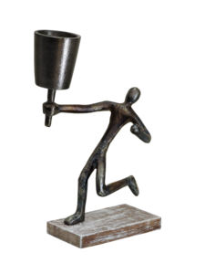 Portacandele Vintage in Alluminio Finitura Bronzo - Statuetta Artigianale Industriale a Forma di Portacandele su Base in Legno Rustico - Product Image 2
