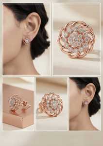 Floral Diamond Stud Earrings Round Brilliant Cut 10K Gold Plated Modern Lab Grown <b>Jewelry</b> for Women Wedding Gift - Product Image 3