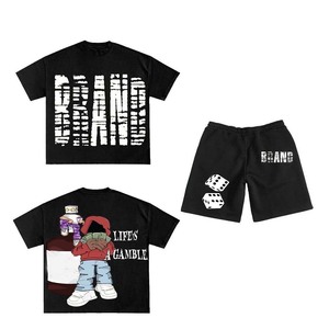 Conjunto de camiseta y pantalones cortos negros para mujer, 280 GSM, algodón y poliéster, con estampado personalizado, 100% algodón. - Product Image 5