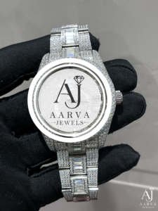 Montre AARVA JEWELS de luxe pour femme en acier inoxydable avec moissanite, mouvement Miyota, 38 mm, analogique, quartz, verre saphir, fermoir pliant de sécurité - Product Image 3