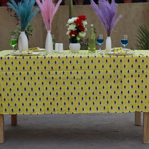 Yellow Printed Cotton <b>Square</b> <b>Tablecloth</b> With Green Plant Pattern Traditional Indian Style Washable Home Use - Product Image 5