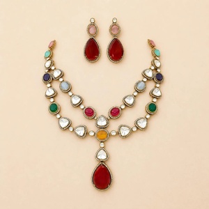 Vintage Gold Plated Brass Imitation Jewelry Set with Ruby Pink Stones for Indian Bridal Wedding <b>Statement</b> <b>Necklace</b> - Product Image 1