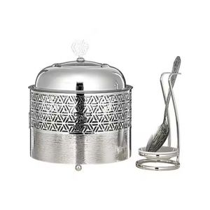 Calentador de Comida Moderno Geométrico de Acero Inoxidable Plateado Premium con Soporte y Reposacucharas a Juego - Product Image 1