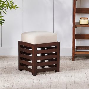 Wooden Ottoman <b>Stool</b> with Cushioned Seat | Modern Square Footrest Pouffe for Living Room <b>Bedroom</b> | Solid Wood Accent <b>Stool</b> - Product Image 2