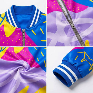 Geometric Print Varsity Jacket <b>Women's</b> Short Crop Bomber <b>Coat</b> Full Sleeve Turn-down Collar Polyester Zipper Closure <b>Spring</b> Style - Product Image 6