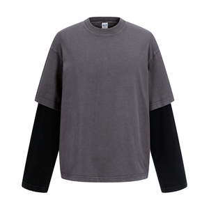 Camiseta de Manga Larga para Hombre, 100% Algodón, Estilo Falso Dos Piezas, Vintage, Lavado Ácido, Oversize, Streetwear, Hip Hop, Personalizada - Product Image 1