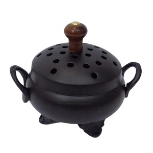 Premium Quality Durable Iron Dhoop Dhuni Loban Incense <b>Burner</b> with Two Handles and Wooden Knob for Orthodox Prayer Use in Black - Product Image 1
