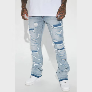 Jeans déchirés bleus pour hommes, design américain tendance, logo personnalisé OEM, haute qualité, 100% coton, pantalon en denim pour hommes - Product Image 5