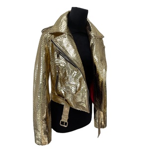 Phụ Nữ Của Mùa Đông Da Cừu Chính Hãng Da Biker Áo Khoác Vàng Nổi Mô Hình Động Vật Windproof Thoáng Khí Dây Kéo Vải Bán Buôn - Product Image 4