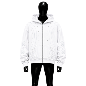 WHITE OVERSIZED ZIP UP HOODIE OVERSIZED CASUAL Casual Cotton French Terry Star Flame Design Pocket Front SOFT FLEECE PREMIUM EVE - Product Image 1