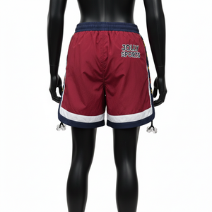 Shorts cortavientos de poliéster ligero de 130 GSM, color granate, blanco y azul marino, con bordado de logotipo personalizado para mujer. - Product Image 2