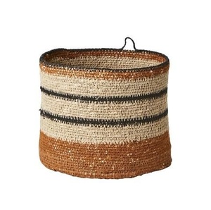 Panier à linge rond en jonc de mer rayé avec garniture et poignées en cuir marron, bac de rangement rustique, organiseur de panier à linge - Product Image 3