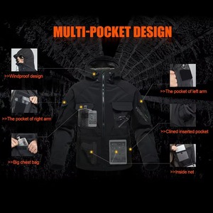 Veste softshell à capuche pour homme, poche à rabat, doublure en polaire, coupe-vent, résistante à l'eau, veste utilitaire, gris noir, OEM personnalisé - Product Image 4