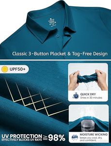 Polo à manches courtes pour homme, couleur turquoise, tricoté, séchage rapide, couleur unie, style décontracté, logo sur la manche gauche - Product Image 5