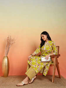 Kurta Pantalón Recto de Algodón Elástico con Cuello Mandarín, Mangas Tres Cuartos, Estampado Floral y Bordado de Espejo, Elegante, Étnico, Verano - Product Image 5