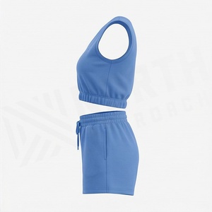 Conjunto Deportivo de 2 Piezas Azul para Mujer, Top Corto sin Mangas con Cuello en V y Pantalones Cortos por Encima de la Rodilla, Tejido Sólido Transpirable - Product Image 3