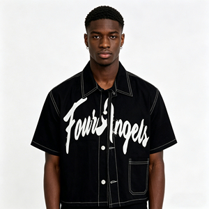 Four Angels Black <b>Denim</b> Short Sleeve <b>Crop</b> <b>Jacket</b> Men Street Style Regular Fit With Letter Print Front Pocket White Stitching - Product Image 3