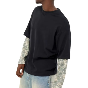 Men Oversized Double Layer Graphic T <b>Shirt</b> <b>Y2K</b> Grunge Streetwear Long Sleeve Mock Two Piece Boxy Fit Tee OEM Custom - Product Image 2
