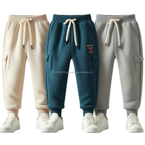 Pantalones de chándal para niños, cintura elástica, cordón de algodón, tejido de lana sólida, pantalones de chándal rectos informales acanalados, ropa deportiva para correr - Product Image 2