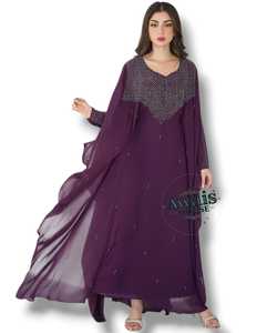 Awais House Women's Maroon <b>Chiffon</b> Polyester Fiber Floor-Length Modest V-Neck Long Sleeve Beaded Asymmetric A-Line Natural - Product Image 6