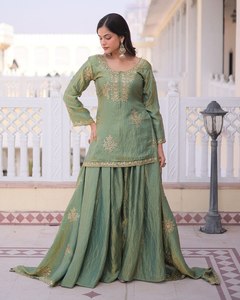 Diwali Wrinkle Free Launching Party Wear Sharara Suit with Pent and Dupatta PV Vichitra <b>Material</b> Readymade Collection - Product Image 2