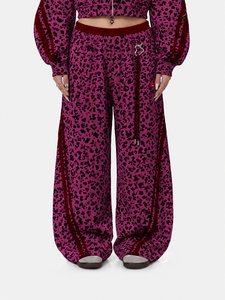 Jogging ample rose à imprimé léopard pour femme, avec rayures rouges, décontracté, respirant, style streetwear, pour femme - Product Image 1