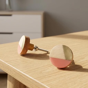 Scandinavian Round Wooden Cabinet Knob with Pink and Brass Accents for Kitchen Drawer Handle - Product Image 1