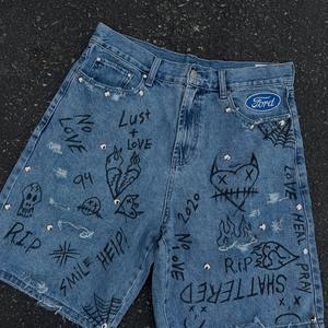 Shorts en jean longueur genou, fabrication usine, en denim épais, avec rivets personnalisés, délavé à l'acide, respirant, coupe-vent et infroissable - Product Image 2