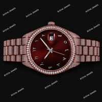 Reloj de Pulsera de Lujo con Diamantes de Imitación en Acero Inoxidable Rojo Rubí, Esfera con Números Arábigos y Cuarzo