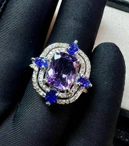 Natural Amethyst And Blue Sapphire Gemstones With Single Cut Diamond 925 Sterling <b>Silver</b> <b>Ring</b> - Product Image 4