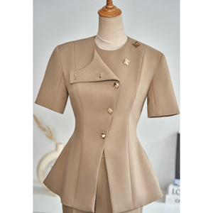 Ensemble pantalon et haut élégant beige uni pour femme, avec boutons, style peplum, pour le bureau, pantalon évasé en spandex, 2 pièces, PANSY - Product Image 5