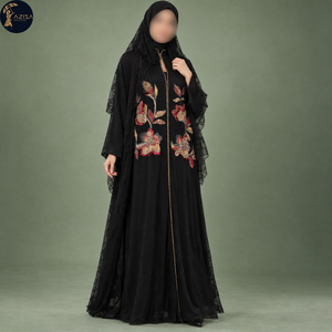 Robe Abaya en dentelle superposée pour femmes avec manches longues, robe noire fluide |   Vêtements musulmans avec broderie florale multicolore et bordure dorée - Product Image 1