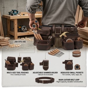 Heavy Duty Leather Tool Belt With Multiple Pockets Hammer Holder For Carpenter <b>Builder</b> Electrician Work Use DIY & Industrial - Product Image 4