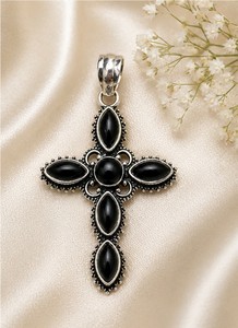 Black Onyx Cross Pendant Necklace, Handmade Sterling <b>Silver</b> Gothic Jewelry, Natural Black Onyx Gemstone Cross <b>Charm</b> Pendant for - Product Image 2