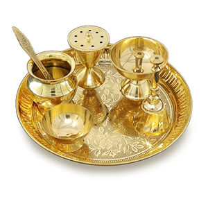Ensemble de thali de prière en laiton pur de haute qualité avec kalash, diya et cloche, assiette d'arti traditionnelle artisanale pour la décoration de la maison à l'Aïd Diwali - Product Image 1