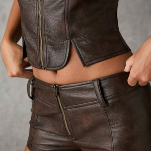 Ensemble deux pièces en cuir PU vintage sans manches, durable, léger, personnalisé, nouvelle arrivée, pour femmes, tenue de club, prix de gros - Product Image 6