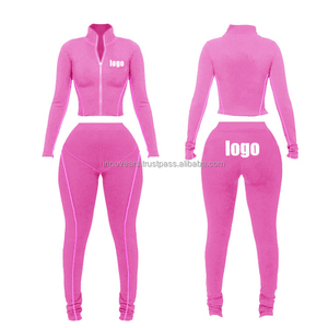 Traje deportivo de algodón acanalado con logotipo personalizado para mujer, mallas de Yoga de cintura alta, camisa de manga corta de gimnasio XL, conjunto sólido de 2 piezas para exteriores - Product Image 2