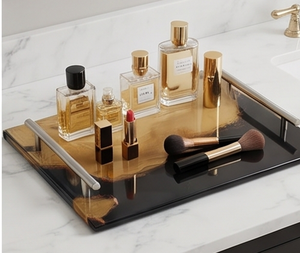 Elegant <b>Black</b> And Gold Wooden Resin Serving <b>Tray</b> With Lacquered Finish Perfect For Modern Dining Home Kitchen And Stylish Gift - Product Image 3