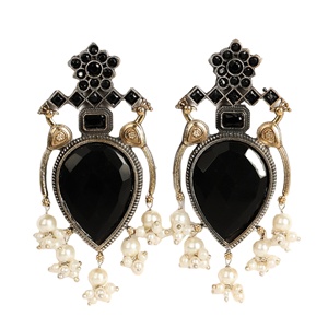 Pendientes Colgantes Vintage de Latón Oxidado con Engaste de Bisel, Bicolor Plata y Oro, con Piedra de Ónix, Regalo de Boda para Mujer - Product Image 1
